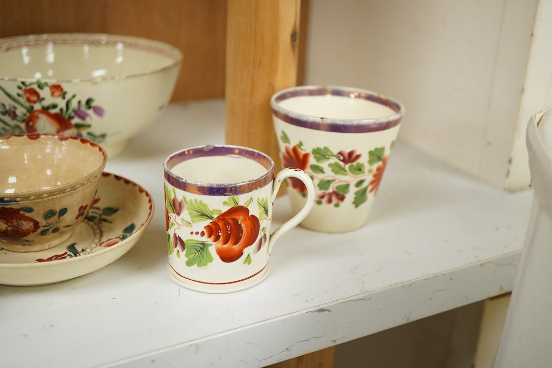 A group of late 18th century cream ware including a tea caddy a slops bowl, a tea bowl and saucer etc. and various 19th-century porcelain and pottery, blue and white tea caddy, 12cm high.